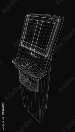 A black and white wireframe 3D model of an ATM machine highlights the keypad, screen, and card slot with clean minimalist line art against a dark background.