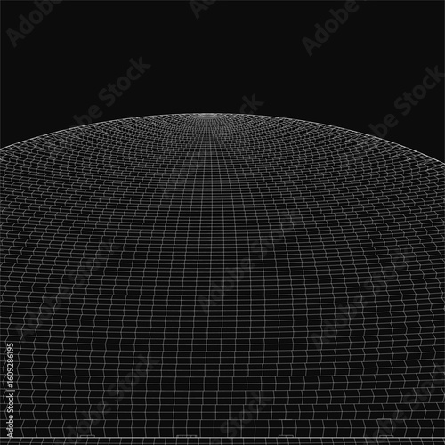 A black and white grid features a central sphere composed of interconnected wireframe lines, creating a geometric pattern. The dark background emphasizes the intricate acoustics-inspired design.
