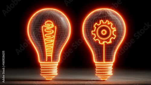 Two Glowing Lightbulbs Symbolizing Idea and Innovation Connecting and Merging