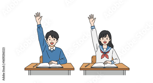 Students raising hands in classroom seeking teacher's attention for answering questions during lesson