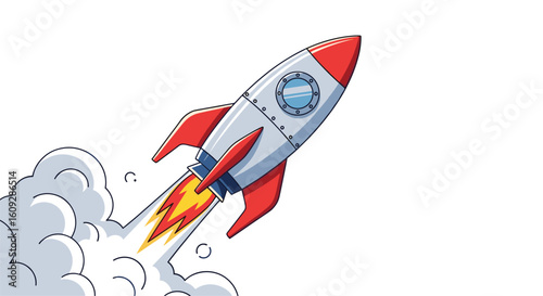 Pixel art rocket ship launching into space emitting fiery exhaust and white smoke illustration