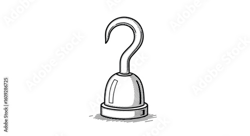 A hand drawn sketch illustrating a pirate captains detachable metal hook prosthetic with detailed hatching and a textured cuff