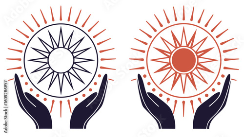 Dark blue and coral suns held by dark blue hands minimalist vector art holding