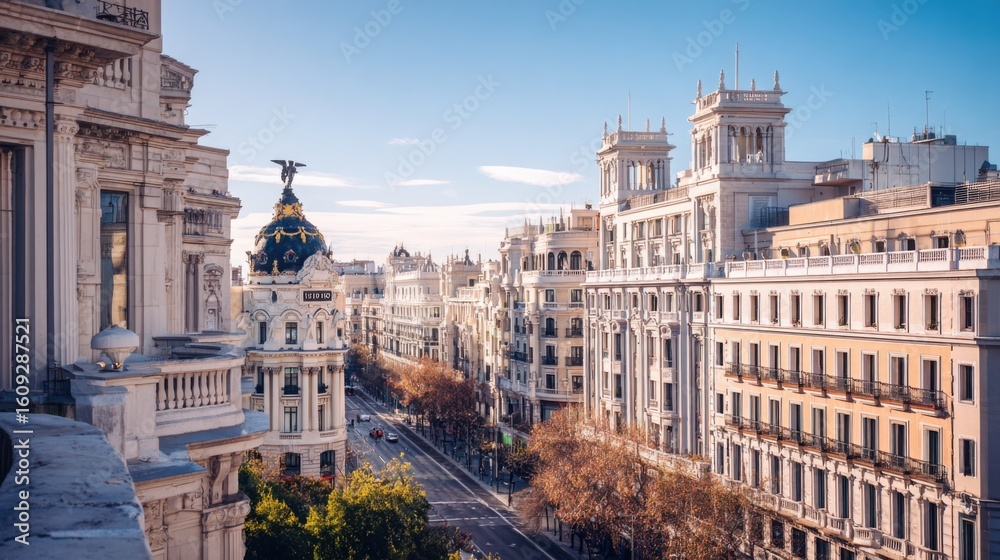 Obraz premium minimalistic bright view of Madrid, elegant cityscape with classical and modern architecture, sunny sky, soft light, Retiro Park, Gran Via buildings