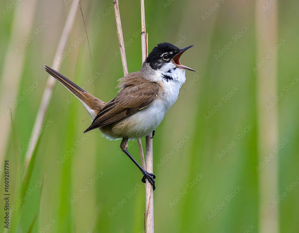 Obraz premium Small bird perched on reed, vocalizing (1)
