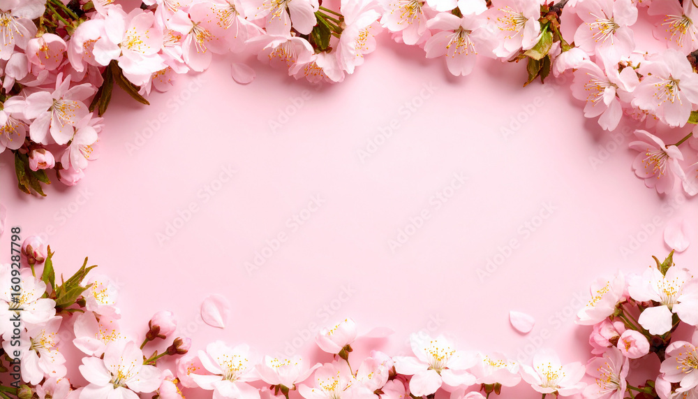 Fototapeta premium Pink Cherry Blossom Border on Pastel Background – Flat Lay Spring Floral Composition