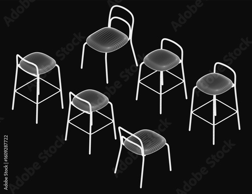 Six white metal chairs with sleek modern design stand out against a black background. The curved backrest and armrests add elegance, while the wireframe structure enhances their contemporary appeal.