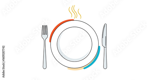 Delicious hot meal ready to be served on a white plate with silver cutlery and steaming food