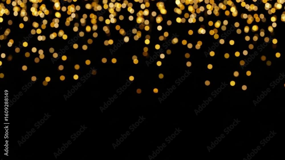 Bokeh Gold Lights and Shimmering Particles on Black Background 4K HD Video Footage Download, Sparkling Confetti with Dreamlike Glowing Orbs and Abstract Haze