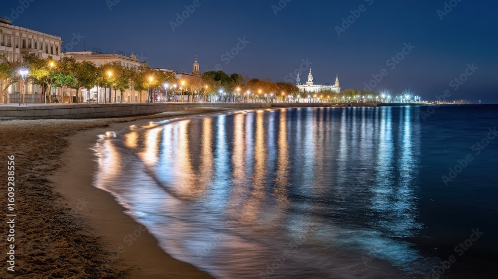 night scene at imaginary Madrid beach, soft lights along the shore, reflections in gentle waves, silhouettes of historic buildings, quiet sea breeze night scene at imaginary Madrid beach, soft lights along the shore, reflections in gentle waves, silhouettes of historic buildings, quiet sea breeze