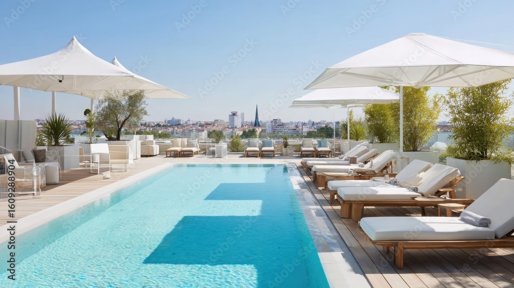 Fototapeta premium peaceful retreat in Madrid with a beach club feel, minimalistic outdoor pool area, sunbeds, cocktails, white parasols, distant city skyline