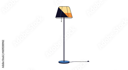 A tall modern floor lamp with a geometric lampshade providing ambient illumination in a room setting