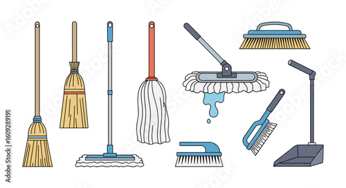Collection of cleaning tools and supplies for household chores and janitorial services