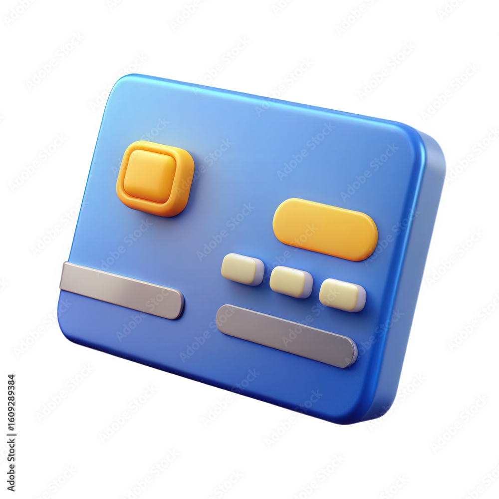 Stylized blue credit card with yellow buttons and silver magnetic stripe isolated on transparent background Stylized blue credit card with yellow buttons and silver magnetic stripe isolated on transparent background