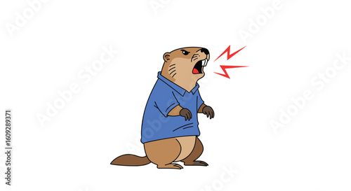 This adorable beaver is expressing frustration with exciting exclamations and energetic gestures on a white background