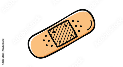 A simple medical bandage is shown here to cover a minor injury and promote healing with its adhesive backing and sterile pad