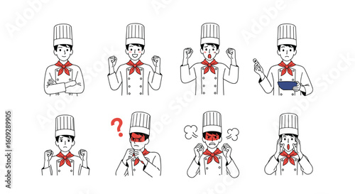 Illustrations of chefs expressing a variety of emotions and actions in a culinary setting