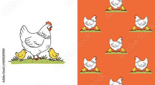 Adorable hen and chicks illustration and seamless pattern design featuring farm animals and nature elements