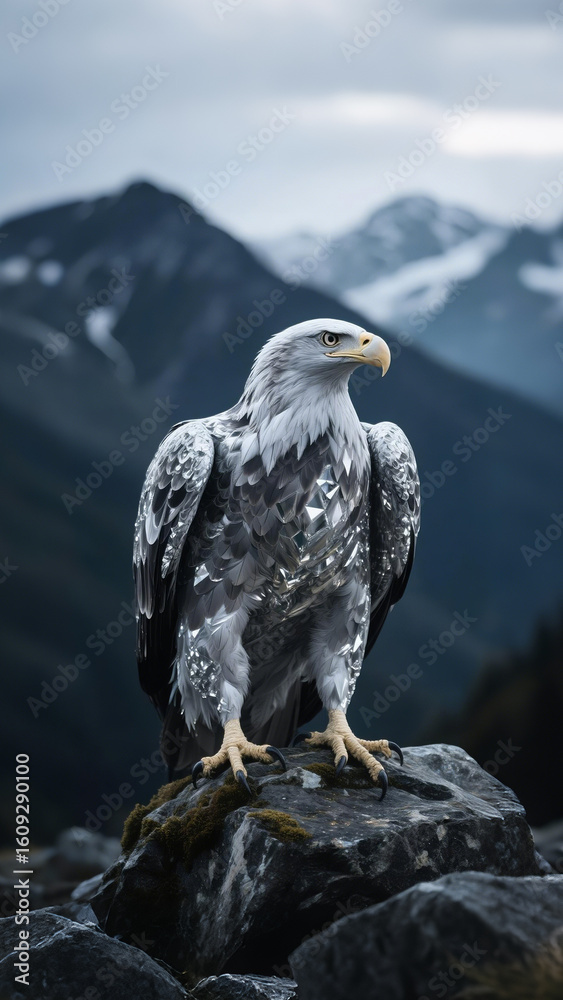 Fototapeta premium Mythical Eagle with Crystalline Plumage on a Rocky Mountain Overlook