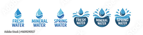 Fresh, Mineral, and Spring Water Droplet Logos - Pure Hydration and Natural Beverage Product Badges