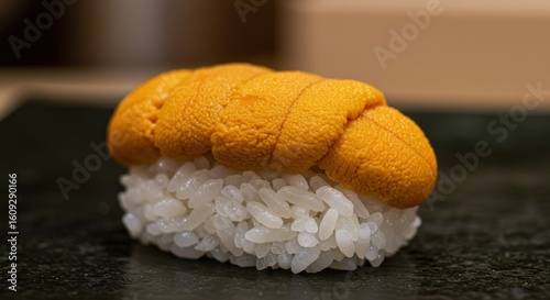 A closeup of a uni nigiri sushi piece on a dark plate