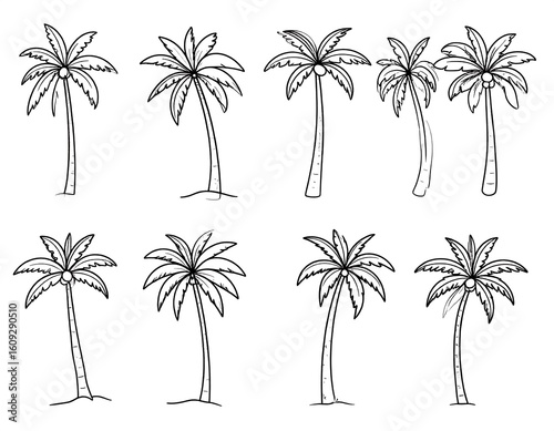 Nine simple black-line drawings of palm trees, varying slightly in frond and trunk details, arranged in a grid format.  Each palm tree has a distinct representation