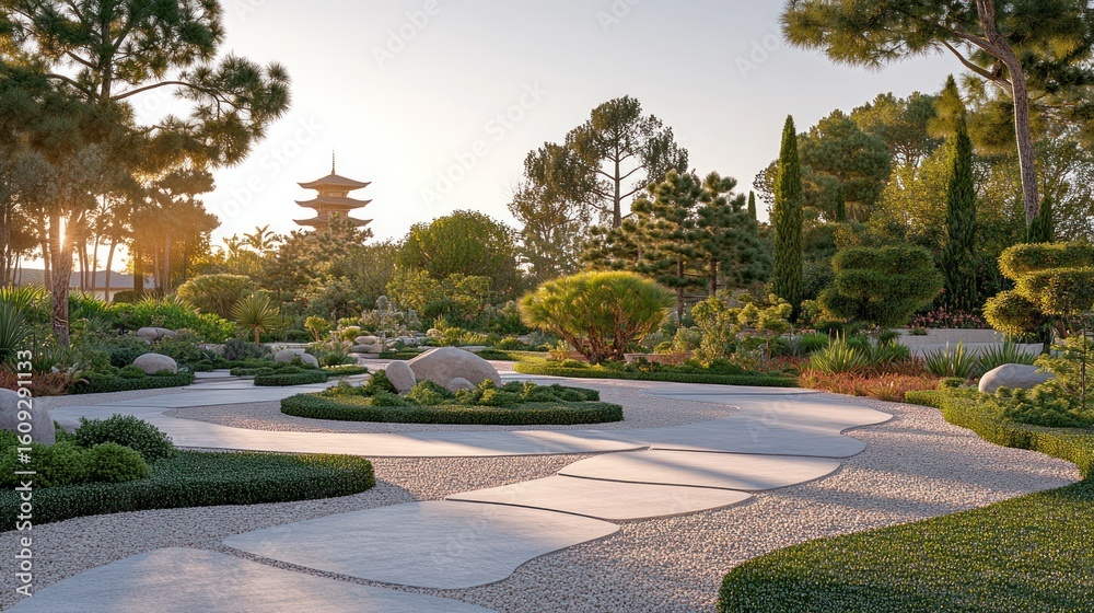 Obraz premium Serene Japanese-style garden at dawn