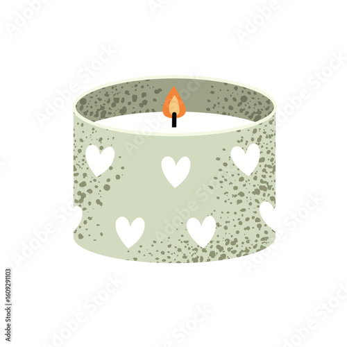 Cozy decorative candle in a clay jar. Autumn or winter home decor. Cute glowing element for seasonal designs. Vector illustration isolated on white background.
