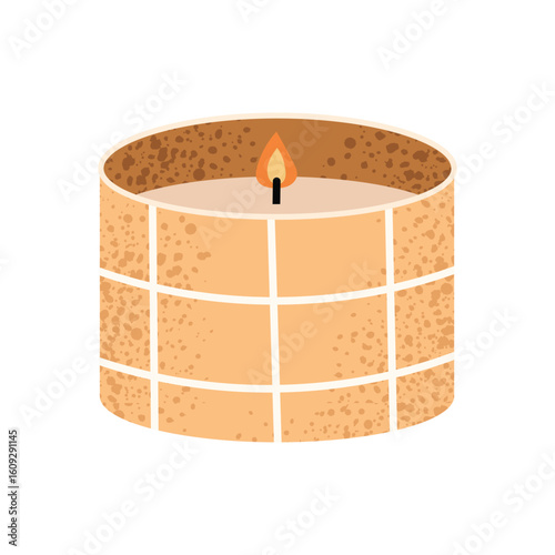 Cute small striped orange candle in a jar. Cozy home decor element for autumn and winter. Vector illustration isolated on white background.