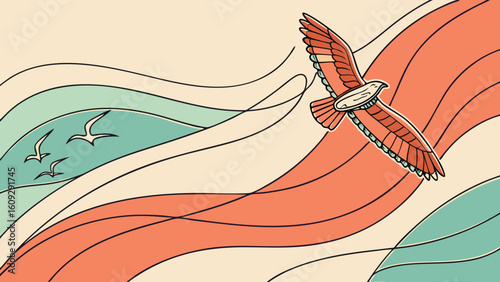 Illustration of birds flying over ocean waves with retro color palette for graphic design projects