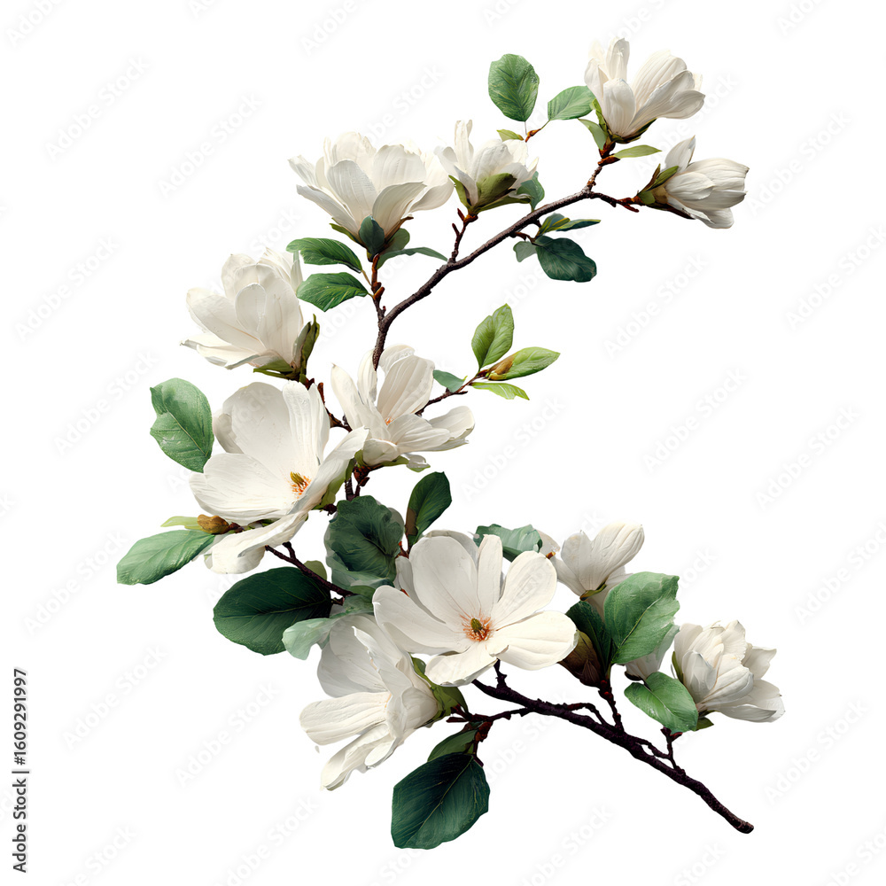 Obraz premium Branch of White Magnolia Flowers and Green Leaves in Natural Arc, Isolated on Transparent Background
