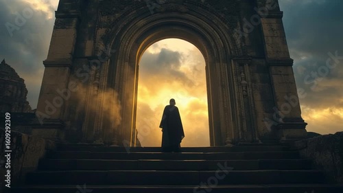 Woman in Dark Cloak Chanting at Ancient Temple Gate During Sunset