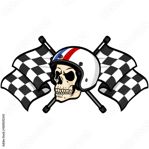 Skull Wearing Helmet Crossed Flags Vintage Retro Style Racing Vector Illustration