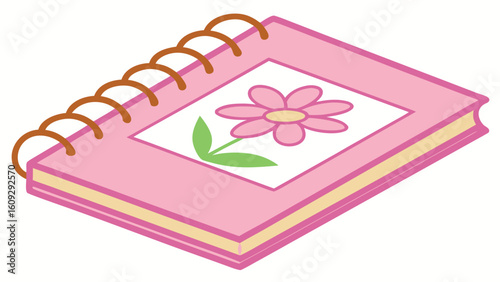 Pink spiral notebook with flower illustration and brown binding vector