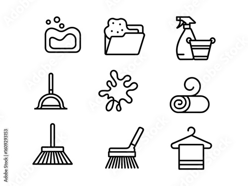 House cleaning icon pack featuring soap, mop, bucket, towel, spray bottle and stain in outline style vector illustration