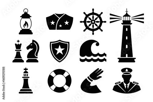 Nautical and maritime icon set including lighthouse wave chess captain and lifesaver vector illustration