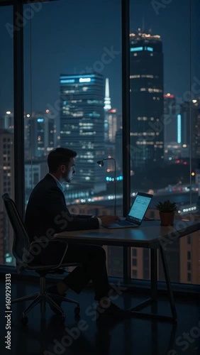 man working on laptop at night