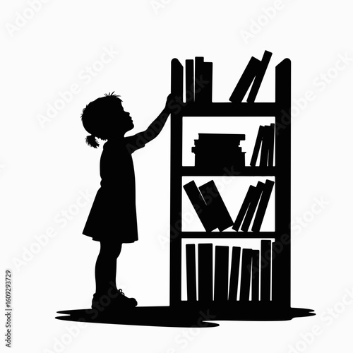 Girl placing books on small bookshelf. Child arranging books on wooden shelf. Cute girl organizing her bookshelves. This image is perfect for educational publications, children's literature,