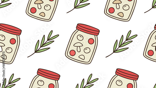 Seamless pattern of cute cartoon glass jars with mushrooms and berries background