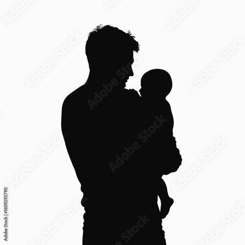 Father holding baby in arms. Tender moment between dad and infant child. Silhouette of loving parent cradling newborn. Perfect image for Father's Day cards and family publications.