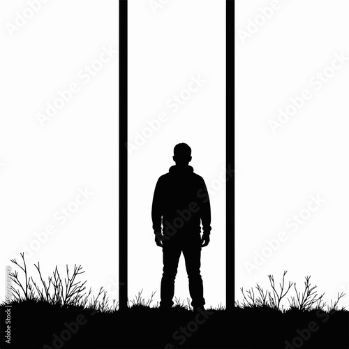 Person standing near window silhouette against white sky, person standing near window evokes solitude and introspection, person standing near window frame, minimalist and stark in its simplicity.