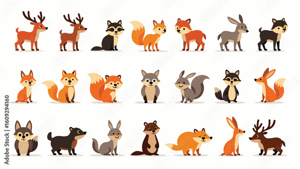 Fototapeta premium Colorful flat vector cartoon animal silhouettes collection – cute wild, domestic, aquatic, jungle, fantasy, and forest animals in minimalist kid-friendly style on white background