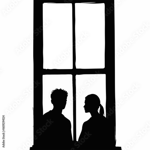 Two people looking out window silhouetted against bright light creates a moody scene, silhouette enhances emotion. Two people creates an introspective scene,