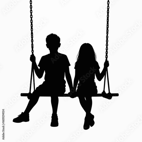 Teens sitting on swing in silhouette, seen against white backdrop, boy and girl sharing a moment of youthful companionship. Teens sitting on swing, their hands intertwined,