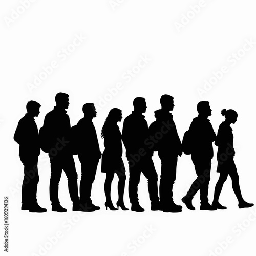 Waiting in crowded mall queue featuring diverse people, silhouettes forming long line. Depicting scene of crowded mall queue with shoppers waiting for service or products in a commercial setting.