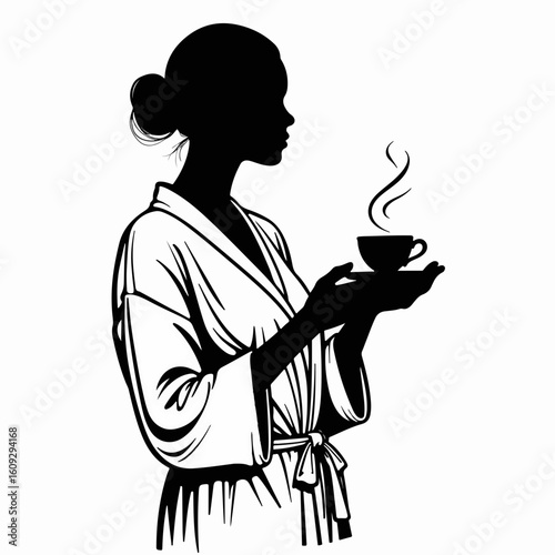 Woman in bathrobe holding teacup silhouette isolated on white, enjoying peaceful morning. Silhouette shows relaxing moment with steam rising from teacup, calm and serene.