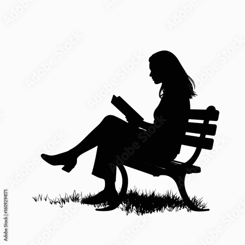 Woman reading on bench captured in silhouette reading, showcasing figure sitting peacefully immersed in book. Tranquil woman reading on bench presents calm ambiance, ideal for contemplative moments.