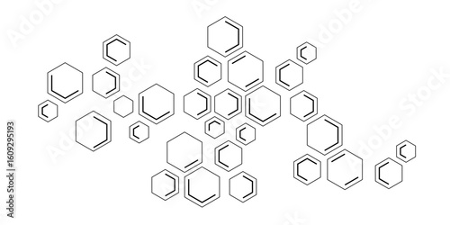 Minimalist black and white hexagon outline pattern with varying sizes, arranged in a loose, flowing layout. Ideal for futuristic, scientific, or abstract tech-themed designs with a clean aesthetic.