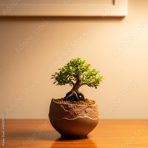 A small bonsai tree in a rustic vase on a polished wooden table, with a painted beige wall in the minimal background. The scene is lit by warm, incandescent light, highlighting the natural textures.