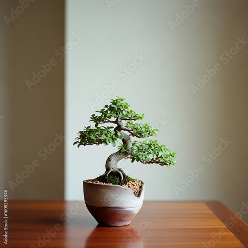 A small bonsai tree in a rustic vase on a polished wooden table, with a minimal light wall in the minimal home background